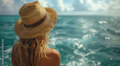 Rear view of young woman wearing summer hat and enjoying ocean view on summer holidays.Macro.AI Generative.