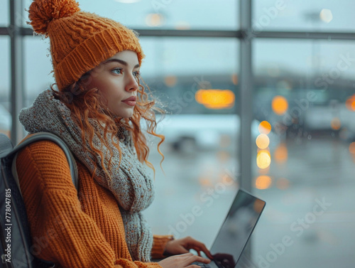 Young woman in airport waiting for flight and working on laptop.Macro.AI Generative.