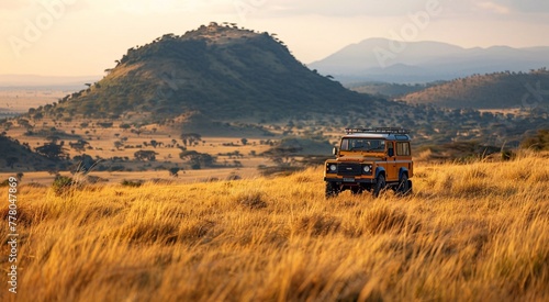 Off-road vehicle with tourists standing in yellow valley grass on summer vacation safari holiday.Macro.AI Generative. photo