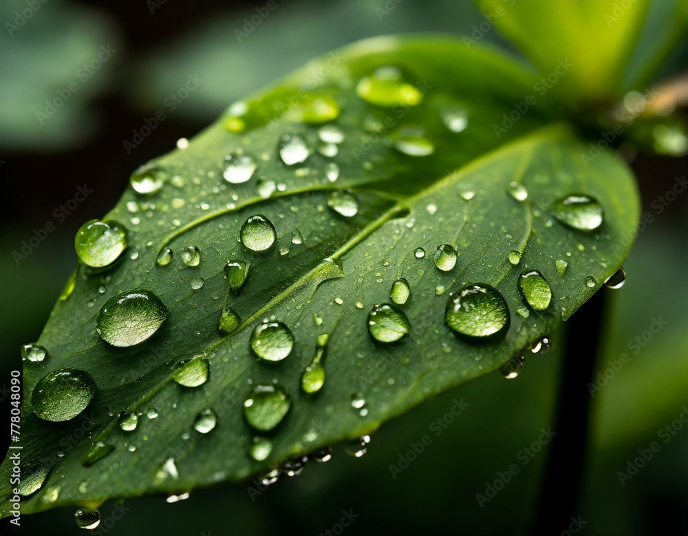 Close up shot of a high contrast green leaf with water droplets Close up shot of a high contrast green leaf with water droplets