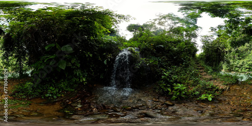 Waterfall among tropical jungle. Bukit Lawang. Sumatra, Indonesia. 360 panorama VR.