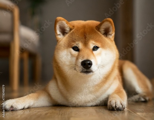 Adorable Portrait of a Shiba Inu dog lying on the floor