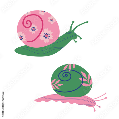 Cute Snail cartoon character decorative small animal hand drawn vector illustration on isolated background. Colourful snails festive design for print, flyer, paper, card, poster, icon