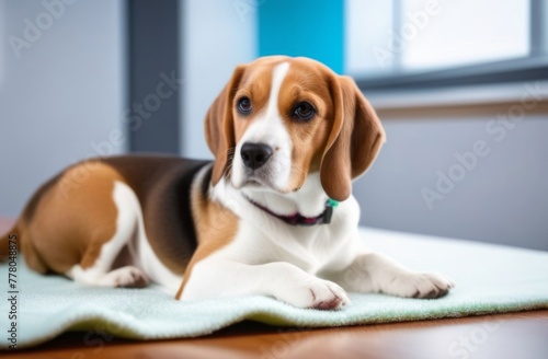 Beagle dog at a veterinarian's appointment in a modern veterinary clinic. Treatment and vaccination of pets