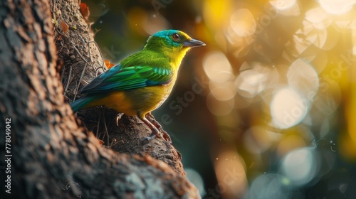Cute bird. Perched on a tree trunk, the beautiful tanager blue-naped chlorophonia photo