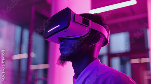 The Futuristic Gaming Experience, Man Enjoying VR Entertainment in Lavish, Stylish Gaming Space