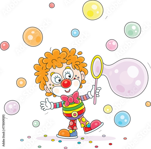 Funny red-headed curly circus clown blowing colorful soap bubbles in an amusing performance for little children, vector cartoon illustration on a white background