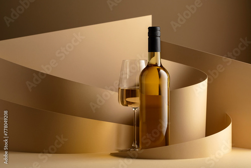 Tableau sur toile Bottle and glass of white wine on a beige background.