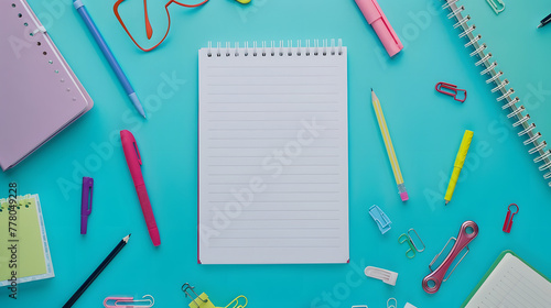 A blank sheet of notebook paper surrounded by colorful stationery and school supplies on an isolated teal background with space to write