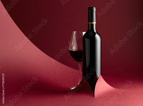 Bottle and glass of red wine on a red background. © Igor Normann