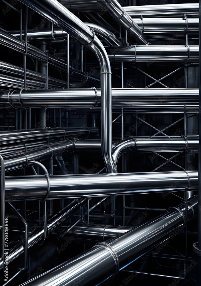 Connected chrome pipes dominate the frame in an abstract industrial composition, set against the backdrop of an otherworldly factory, with pipes varying in size and intertwining, their surfaces reflec
