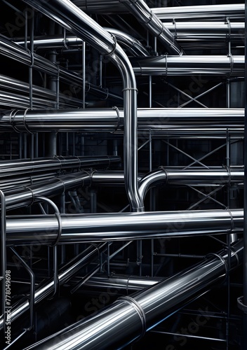 Connected chrome pipes dominate the frame in an abstract industrial composition, set against the backdrop of an otherworldly factory, with pipes varying in size and intertwining, their surfaces reflec photo