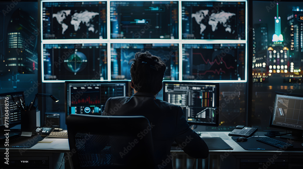A cyber security professional working on multiple computer screens in an office setting A cyber security professional working on multiple computer screens in an office setting