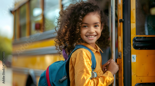 A cute little girl with curly hair wearing yellow is smiling as she opens the door of her school bus photo