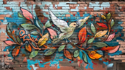 Abstract Bird and Foliage Mural on Brick 