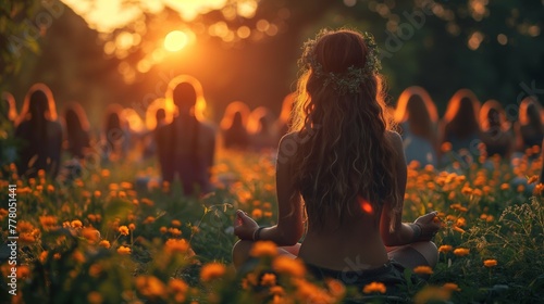 people meditating in the summer meadow at sunset. 