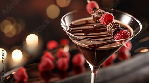 A decadent chocolate raspberry martini, with raspberry-infused vodka, chocolate liqueur, and cream, shaken with ice and strained into a chilled martini glass with a raspberry skewer and chocolate driz photo