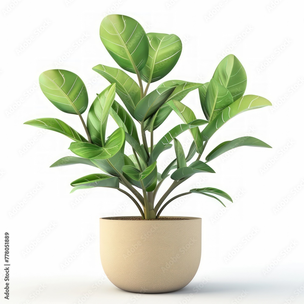 3D realistic zamioculcas plant in pot isolated on white background - obrazy, fototapety, plakaty 