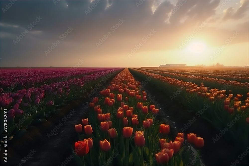 field, tulips, windmill, floral, background, nature, landscape, countryside, spring, flowers, rural, scenic, meadow, holland