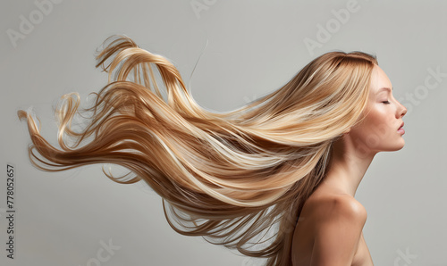 Healthy hair care, beauty and woman with clean shampoo hair after self care treatment, spa beauty salon or luxury wellness routine. Shine, soft and natural blonde model isolated on studio © katobonsai