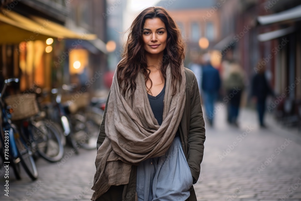A woman wearing a scarf and a green jacket walks down a cobblestone street