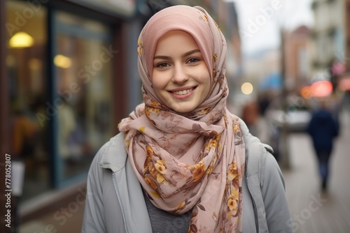 A woman wearing a floral scarf is smiling for the camera