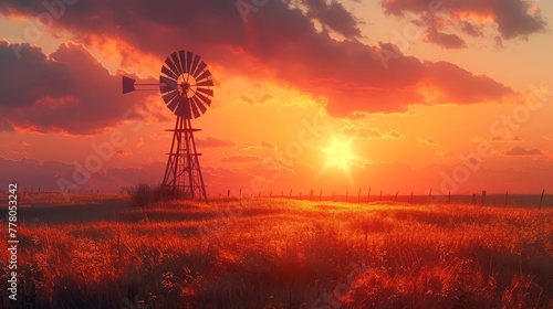 A windmill is in the middle of a field with a beautiful sunset in the background. The scene is peaceful and serene, with the windmill standing tall and proud in the midst of the golden grass © Rattanathip