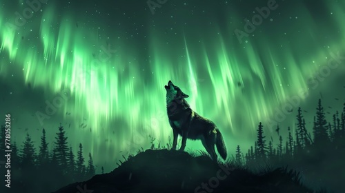 A wolf is standing on a hill in front of a green aurora. The image has a mood of mystery and wonder  as the wolf s howl echoes through the night sky