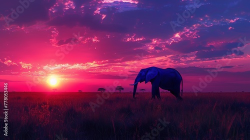 A large elephant is walking through a field of grass with a pink and purple sky in the background