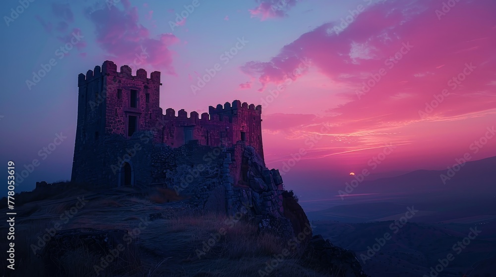 A castle is perched on a hilltop, with a beautiful sunset in the background. The sky is filled with pink and purple hues, creating a serene and peaceful atmosphere