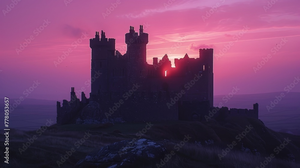 A castle is silhouetted against a pink sky. The castle is old and abandoned. The sun is setting, casting a warm glow over the castle. The sky is filled with clouds, creating a moody atmosphere