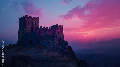 A castle is perched on a hilltop, with a beautiful sunset in the background. The sky is filled with pink and purple hues, creating a serene and peaceful atmosphere