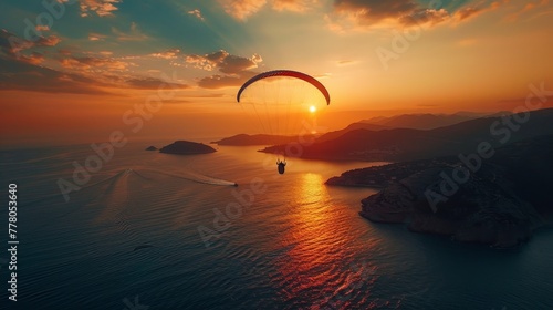 A kite is flying over a body of water with a beautiful sunset in the background. The sky is filled with clouds, and the water is calm. The scene is serene and peaceful