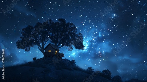 A small house is on top of a hill, with a tree in front of it. The sky is dark and filled with stars