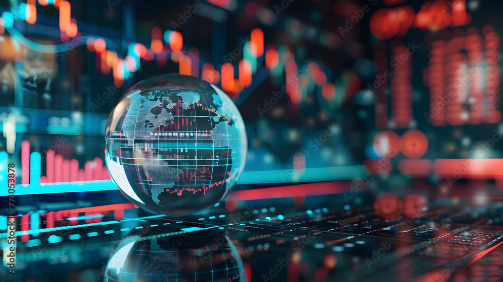 A transparent glass globe on top of financial charts and graphs A transparent glass globe on top of financial charts and graphs