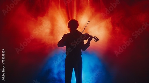 A man playing a violin in a red and blue background. The image has a mood of mystery and intrigue