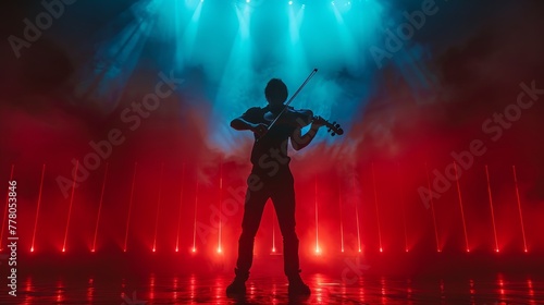 A man is playing a violin on stage in front of a red and blue backdrop. The stage is lit up with bright lights, creating a dramatic and energetic atmosphere