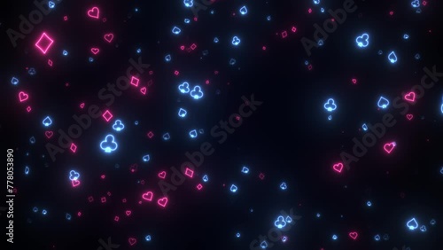 Neon red blue casino background looping with playing card suit symbols 3D render 4K. The neon signs of card suit icons. oncept of online casino and bet. Gambling animation of four playing card suits photo