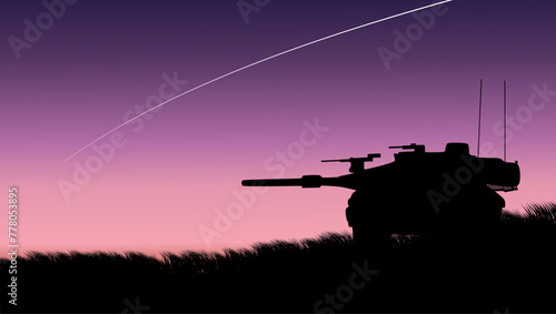 battlefield with tank, flat color illustration