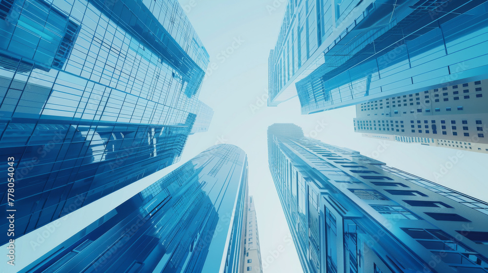 3D rendering of blue digital skyscrapers on a white background.