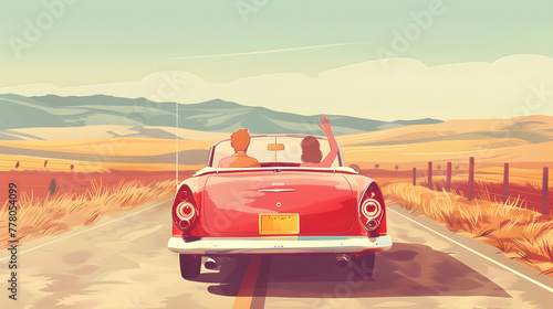 A vintage convertible car with two happy people waving from the back seat photo