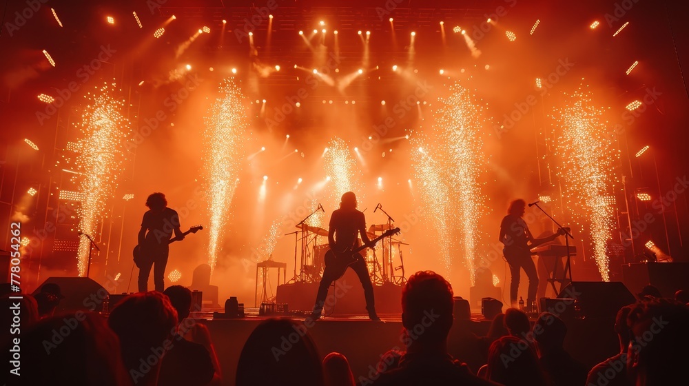 A band is performing on stage in front of a crowd. The stage is lit up with bright lights and there are fireworks in the background. The band members are playing their instruments