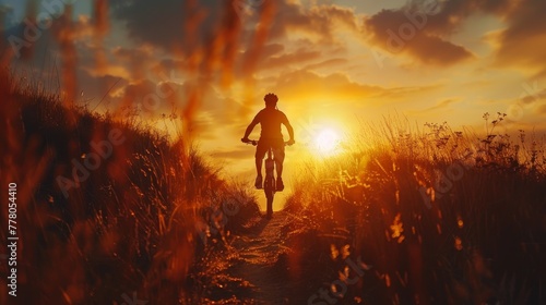 A man is riding a bike in a field with the sun setting in the background. Concept of freedom and adventure, as the man is enjoying the outdoors and the beauty of nature