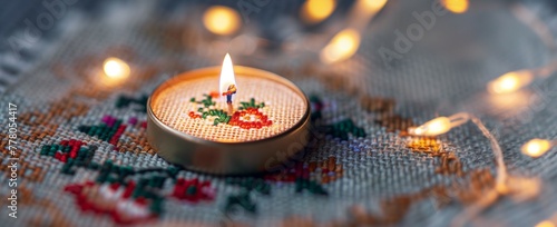small tea light candle on the cross stitched background with string lights. 