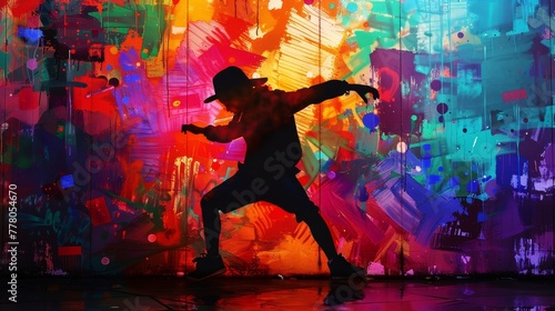 A man is dancing in front of a colorful wall. The wall is covered in paint splatters and graffiti, giving it a vibrant and energetic feel