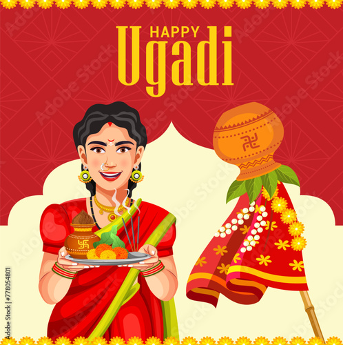 Vector illustration of traditional festival holiday background for Happy Ugadi. Celebrated in the states of Andhra Pradesh, Telangana, and Karnataka in India