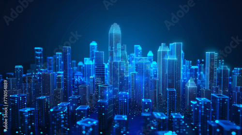 Digital cityscape made of glowing blue dots, with skyscrapers and buildings representing data visualization.