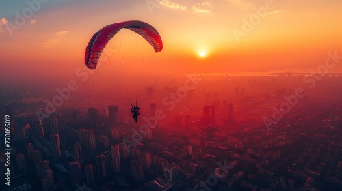 A man is flying a parachute over a city at sunset. The sky is orange and the sun is setting