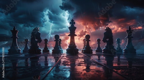 A chess board with a stormy sky in the background. The pieces are all in position, with the king and queen in the center