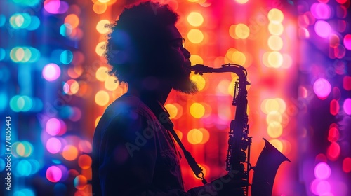 A man playing a saxophone in a colorful background. The image has a vibrant and lively mood, with the bright colors of the background and the man's silhouette against it